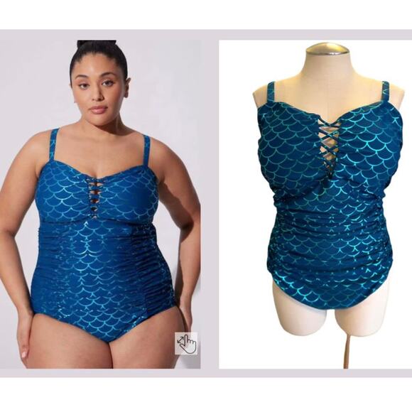 New Torrid Plus Size 3 One Piece Slim Fix Padded Mermaid Scale Wireless Swimsuit - Picture 1 of 3